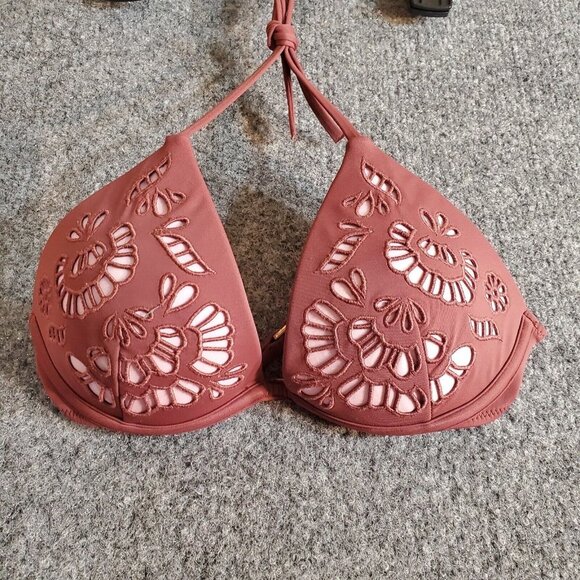 Shade & Shore Floral Eyelet Overlay Bikini Top size 34B Padded Push-up Tie Back - Picture 1 of 11